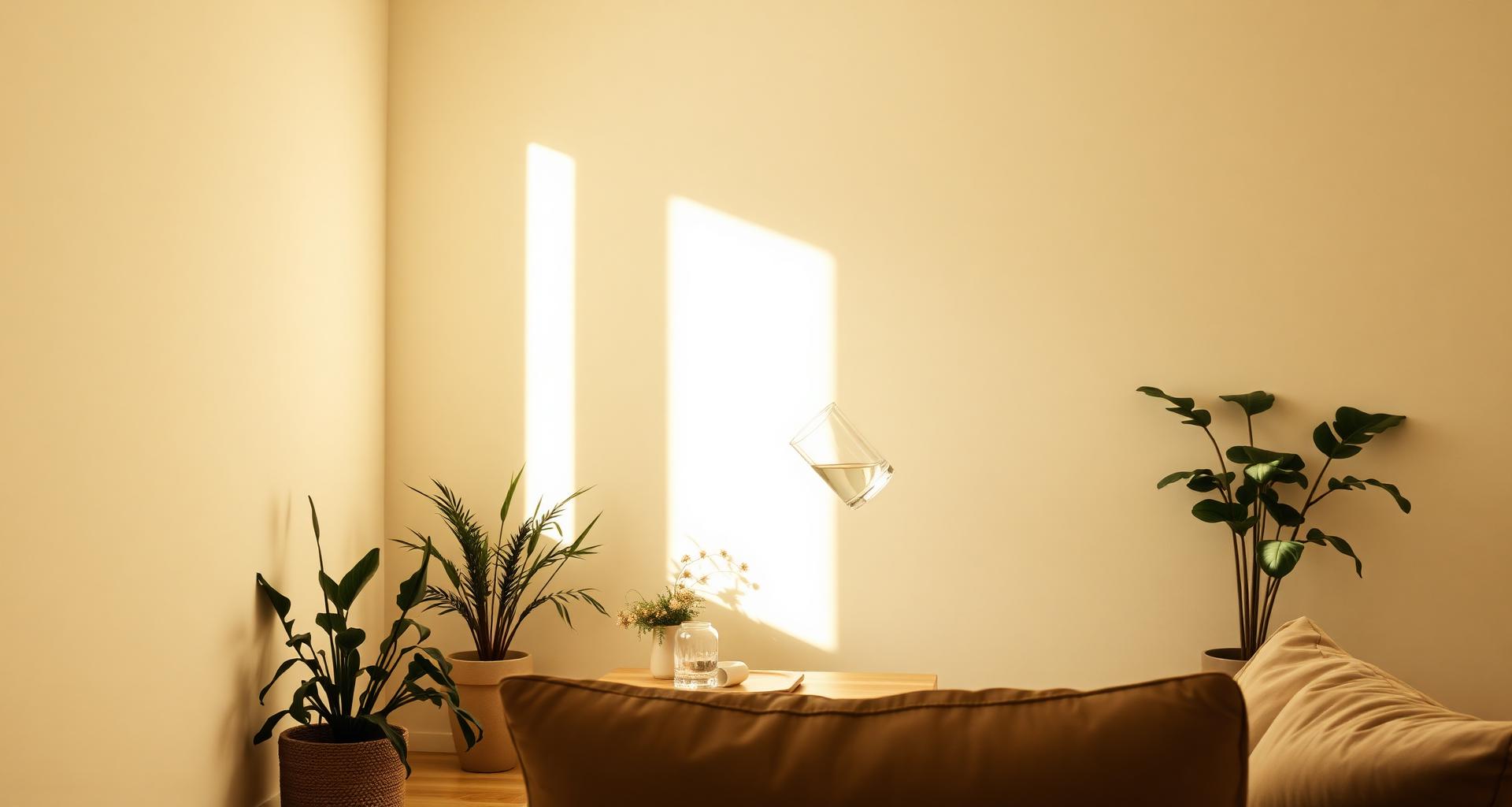 A calm sunlit room with a glass of water